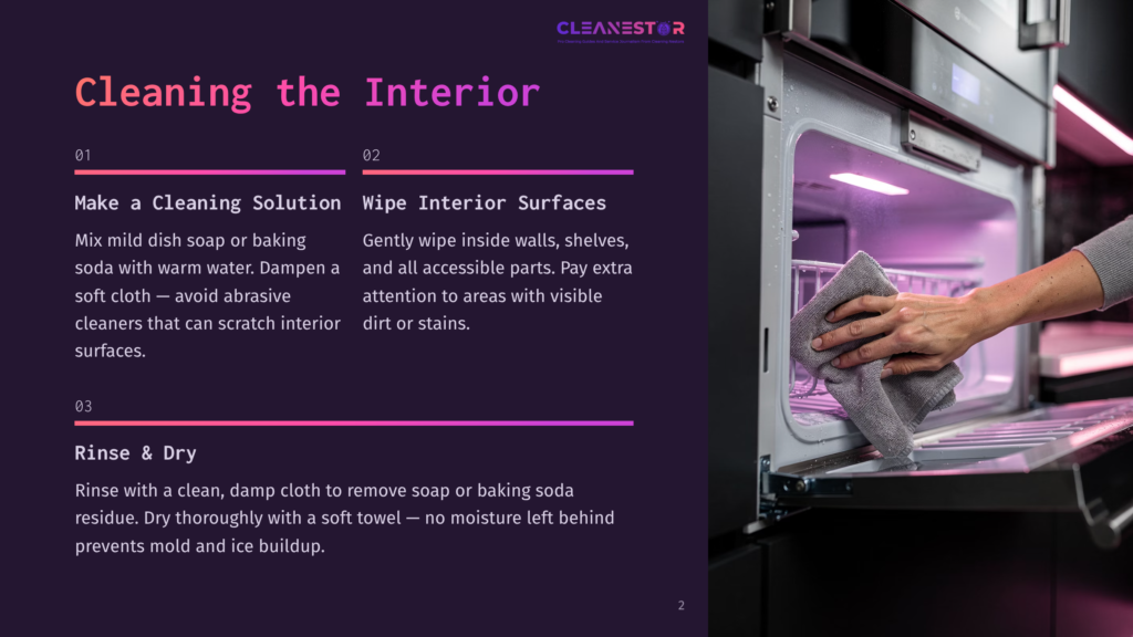 Close-Up Of A Hand In A Gray Cloth Wiping The Interior Of A Clean, Modern Oven With Purple Interior Lighting. Instructions For Cleaning The Oven Interior Are Visible On The Left.