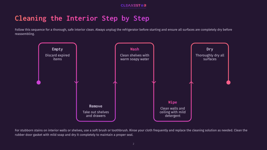 Infographic Detailing The Four-Step Process For Cleaning A Refrigerator Interior: Empty, Remove, Wash, And Dry. The Steps Are Presented With Purple And Pink Gradient Boxes And Arrows On A Dark Purple Background.