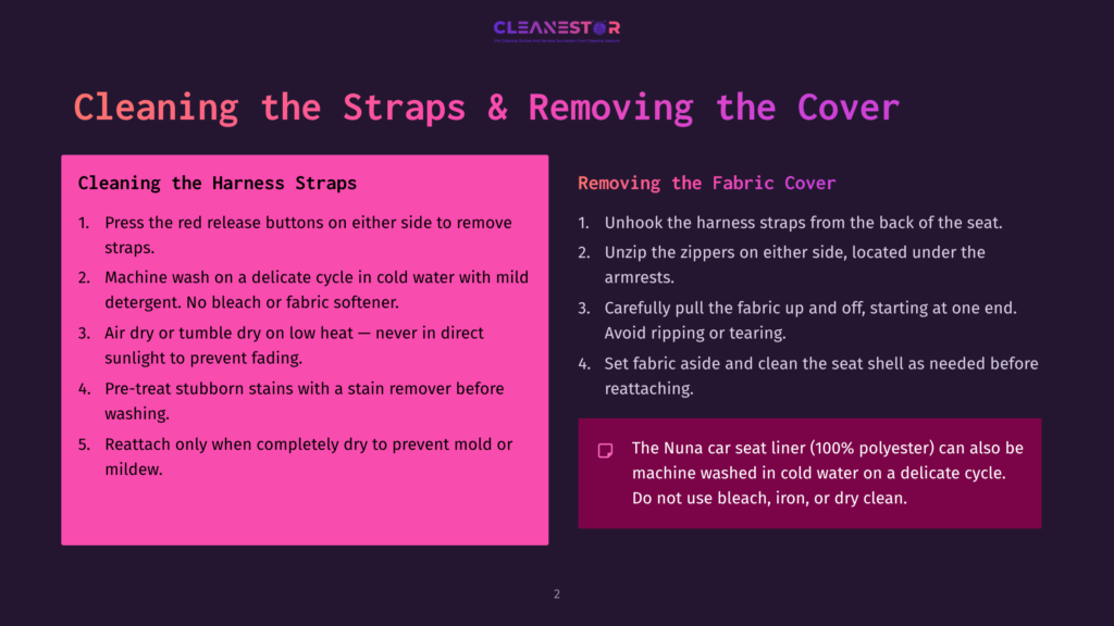2 Cleaning The Straps And Removing The Cover Two Sections Of Text On A Purple Background With Instructions For Cleaning Harness Straps And Removing The Fabric Cover From A Nuna Car Seat Liner.