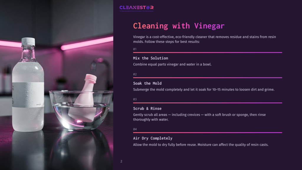 A Bottle Of White Vinegar Sits Next To A Clear Glass Bowl Filled With Water And A White Resin Mold. The Image Is Part Of A &Quot;Cleaning With Vinegar&Quot; Guide With Steps Listed On The Right.