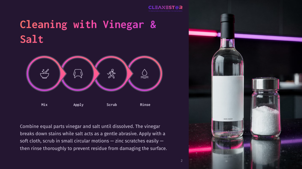 A Dark Purple Background Features A Graphic Illustrating A Four-Step Cleaning Process: Mix, Apply, Scrub, And Rinse. To The Right, A Clear Bottle Of White Vinegar And A Glass Jar Of Salt Sit On A Reflective Surface With Neon Pink And Purple Lighting.