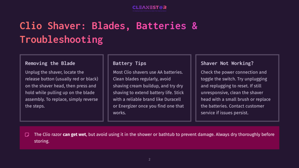 Troubleshooting Guide For Clio Shaver: Blades, Batteries, And General Shaver Not Working Issues. Includes Tips On Removing The Blade, Battery Maintenance, And Power Connection Reset.
