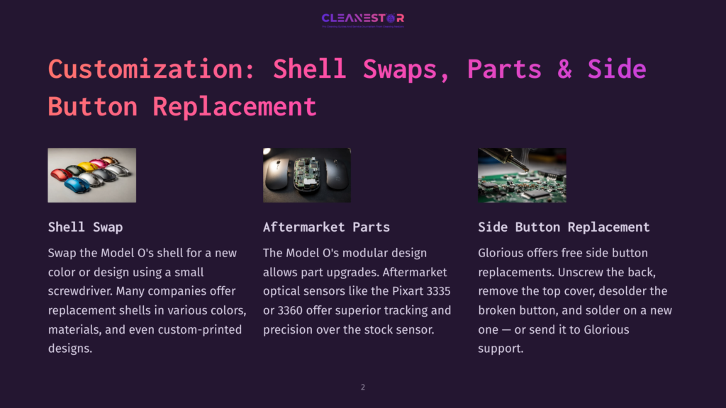 2 Customization Shell Swaps Parts And Side Button Replacement Three Sections Showcase Customization Options: Shell Swap With Colorful Mouse Shells, Aftermarket Parts With A Disassembled Mouse, And Side Button Replacement With A Close-Up Of A Motherboard.