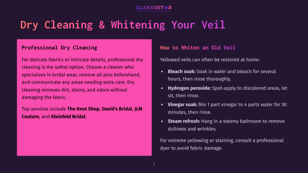 A Dark Purple Background With A Pink Rectangle On The Left. The Pink Rectangle Has Text About Professional Dry Cleaning For Delicate Fabrics. The Right Side Has Text About How To Whiten An Old Veil Using Bleach, Hydrogen Peroxide, Or Steam Refresh.