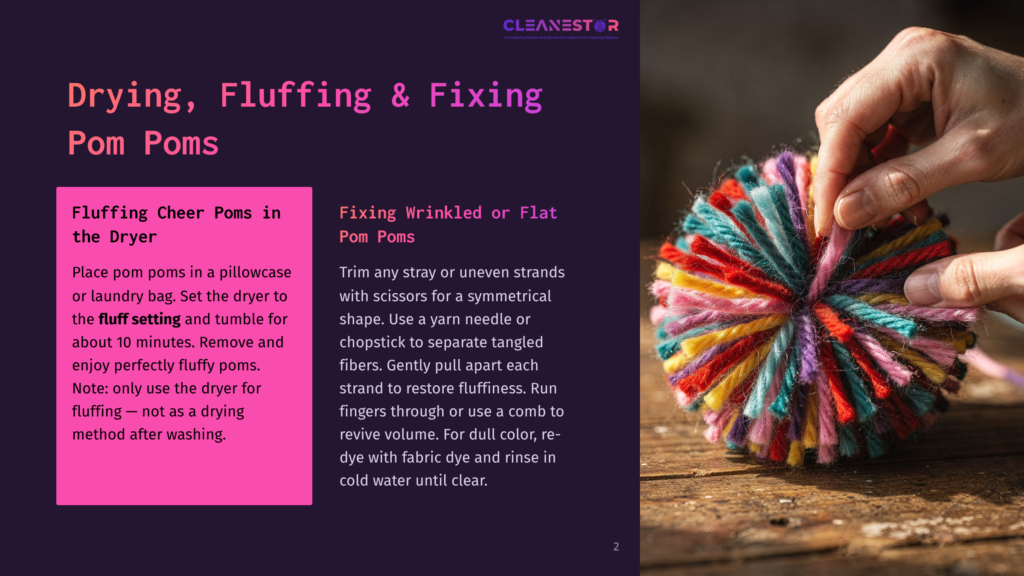 Hands Fluffing A Colorful Yarn Pom Pom With Knitting Needles And Scissors, A Guide To Drying, Fluffing, And Fixing Pom Poms.