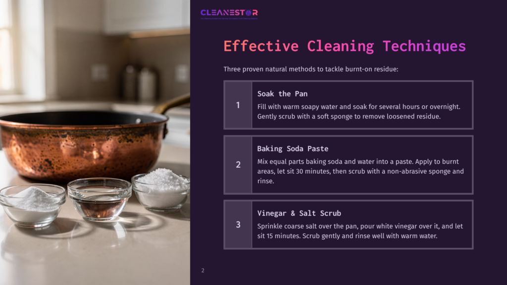 Three Glass Bowls Filled With Baking Soda, Salt, And Vinegar Sit On A Countertop Next To A Copper Pot, Suggesting Cleaning Solutions For Effective Cleaning Techniques.