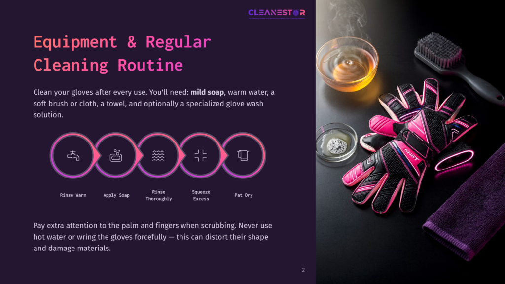 A Purple Background Displays Cleaning Equipment And Routine Instructions, Featuring Pink And Black Gloves, A Soft Brush, And Mild Soap. The Gloves Have A Black And Pink Design With A Silver Logo.