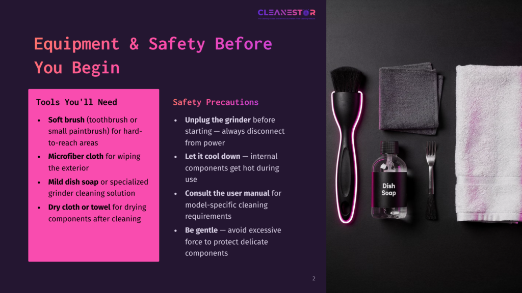 2 Equipment And Safety Before You Begin Top-Down View Of Coffee Grinder Cleaning Supplies: A Black Brush, A Grey Microfiber Cloth, A White Towel, Dish Soap, And A Fork On A Dark Background. Text Overlay Reads &Quot;Equipment &Amp; Safety Before You Begin&Quot; And &Quot;Tools You'Ll Need&Quot; With A Pink List.