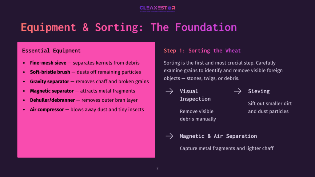 2 Equipment And Sorting The Foundation A Pink And Black Infographic Displaying The Essential Equipment For Wheat Sorting And The First Step In The Process. Equipment Listed Includes A Fine-Mesh Sieve, Soft-Bristle Brush, Gravity Separator, Magnetic Separator, Dehuller/Debranner, And Air Compressor.