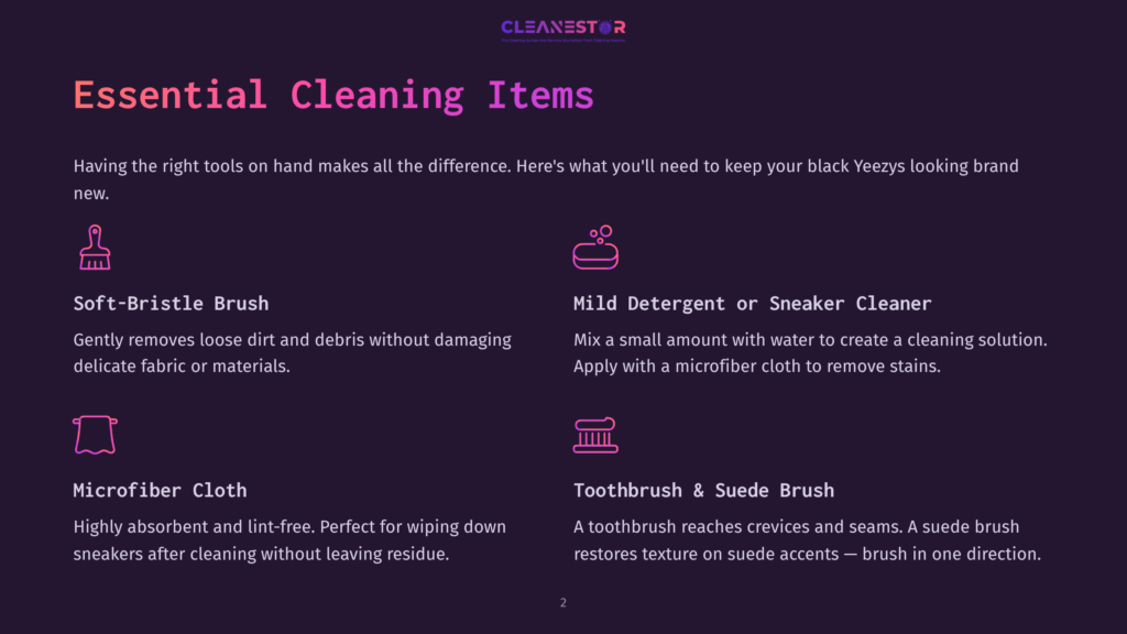 Infographic Titled &Quot;Essential Cleaning Items&Quot; With Icons For A Soft-Bristle Brush, Mild Detergent, Microfiber Cloth, And Toothbrush/Suede Brush, Detailing How To Clean Black Yeezys.