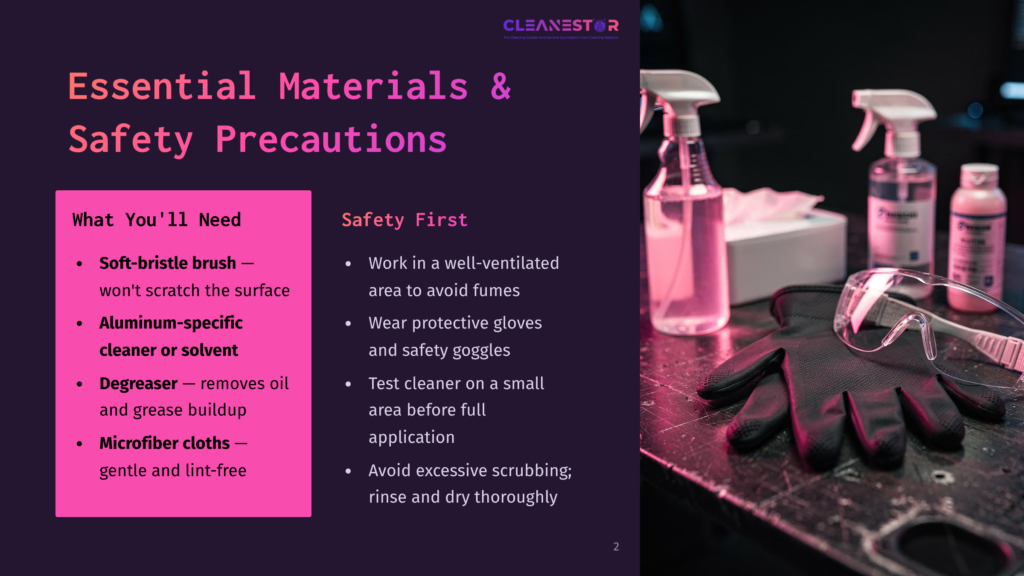 Essential Materials And Safety Precautions For Cleaning, Featuring Cleaning Supplies Like Spray Bottles, Gloves, And Safety Goggles, With Text Listing Items Such As Soft-Bristle Brush, Aluminum-Specific Cleaner, Degreaser, And Microfiber Cloths.