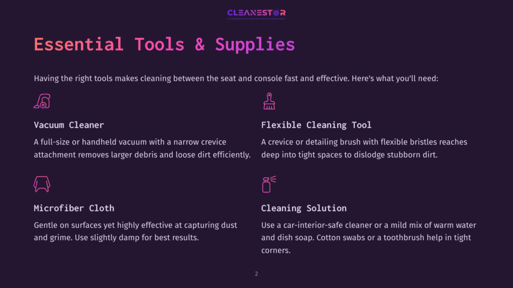 2 Essential Tools And Supplies 1 Essential Tools &Amp; Supplies For Car Cleaning: Vacuum Cleaner, Flexible Crevice Tool, Microfiber Cloth, And Cleaning Solution.