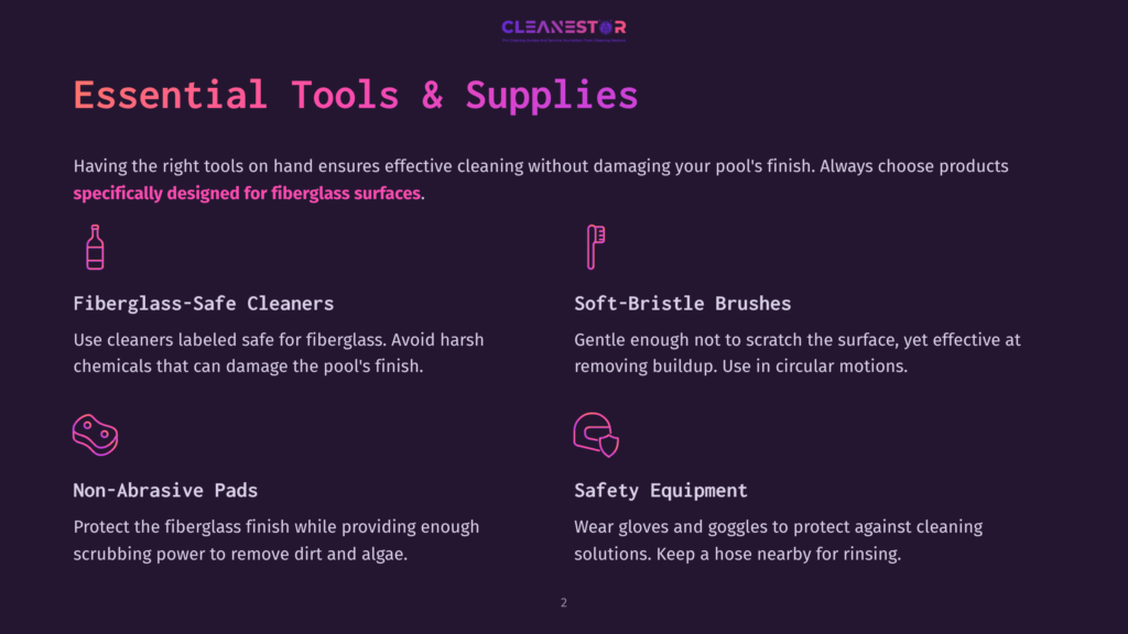 Essential Tools And Supplies For Cleaning A Fiberglass Pool. An Image Showing Fiberglass-Safe Cleaners, Soft-Bristle Brushes, Non-Abrasive Pads, And Safety Equipment.