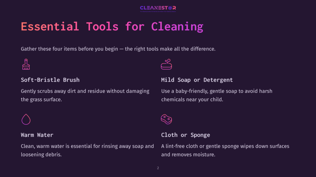 Essential Tools For Cleaning: Soft-Bristle Brush, Mild Soap Or Detergent, Warm Water, And Cloth Or Sponge. The Graphic Displays Icons And Text For Each Cleaning Essential.