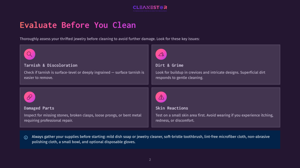 Infographic Section On Evaluating Thrifted Jewelry Before Cleaning, With Icons And Text About Tarnish &Amp; Discoloration, Dirt &Amp; Grime, Damaged Parts, And Skin Reactions, Providing Essential Tips For A Safe Cleaning Process.