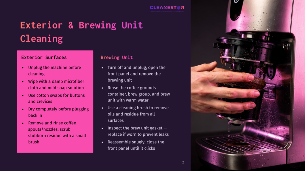 2 Exterior And Brewing Unit Cleaning Close-Up Of A Hand Holding A Coffee Pod Over A Coffee Machine'S Drip Tray, With Text Overlay Detailing &Quot;Exterior &Amp; Brewing Unit Cleaning&Quot; Instructions For A Cleanestar Machine.