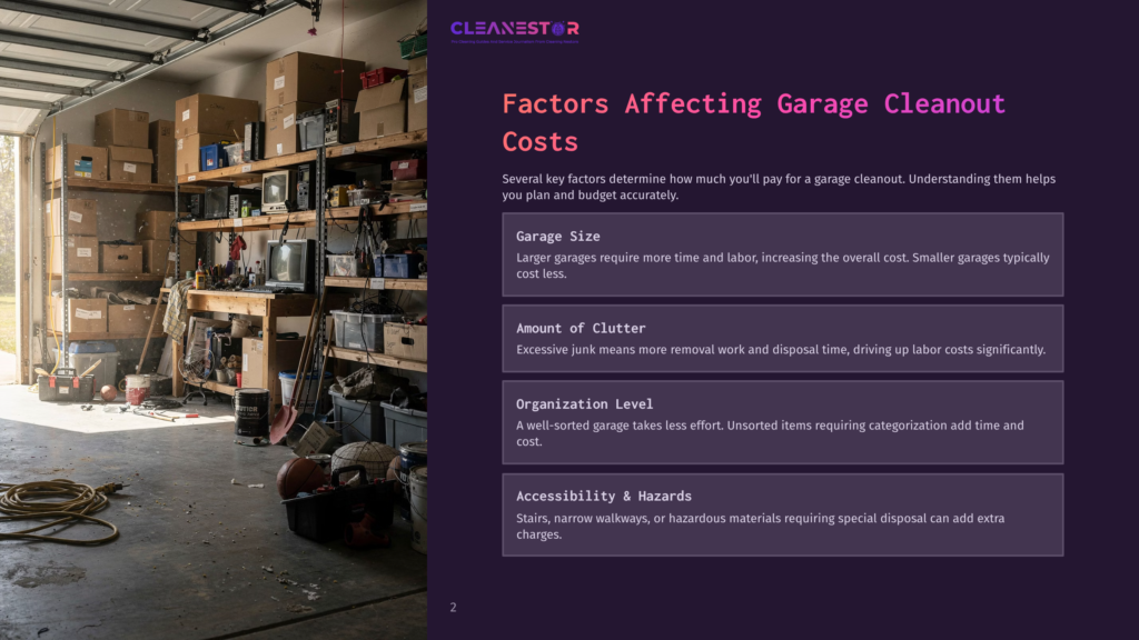 Cleanestor Logo With Text &Quot;Your Cleaning Solution For Homes And Businesses&Quot;. A Cluttered Garage With Shelves Full Of Boxes, Tools, And Various Items, Illuminated By Sunlight Streaming Through An Open Garage Door.
