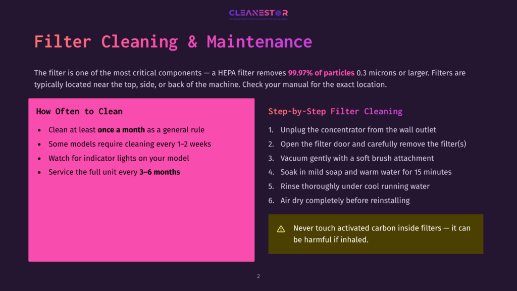 A Dark Purple Slide With The Title &Quot;Filter Cleaning &Amp; Maintenance&Quot; And The Cleanestor Logo. The Slide Explains How Often To Clean Filters And Provides Step-By-Step Instructions, Including A Warning About Activated Carbon.