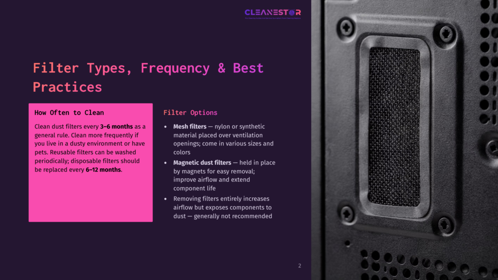 2 Filter Types Frequency And Best Practices Close-Up Of A Black Computer Case With A Removable Mesh Dust Filter Secured By Magnets Over A Fan Opening. Text Overlay Discusses Filter Types And Cleaning Frequency.