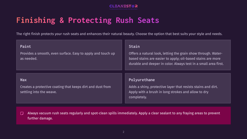 A Webpage Section Titled &Quot;Finishing &Amp; Protecting Rush Seats&Quot; Displays Options For Finishing Rush Seats. The Options Include Paint, Stain, Wax, And Polyurethane. Each Option Has A Brief Description Of Its Benefits And Application Method.