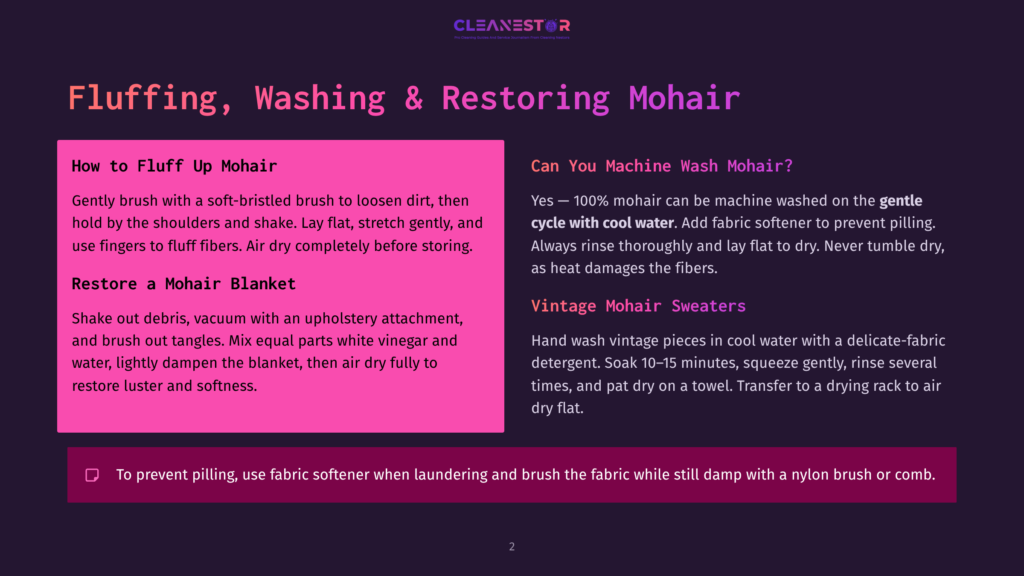 Infographic On Fluffing, Washing, And Restoring Mohair. Section On How To Fluff Up Mohair With Instructions On Using A Brush And Air Drying. Section On Restoring A Mohair Blanket With Instructions On Vacuuming And Soaking In Vinegar Water. Section On Machine Washing Mohair With Gentle Cycle And Cool Water, Adding Fabric Softener To Prevent Pilling.