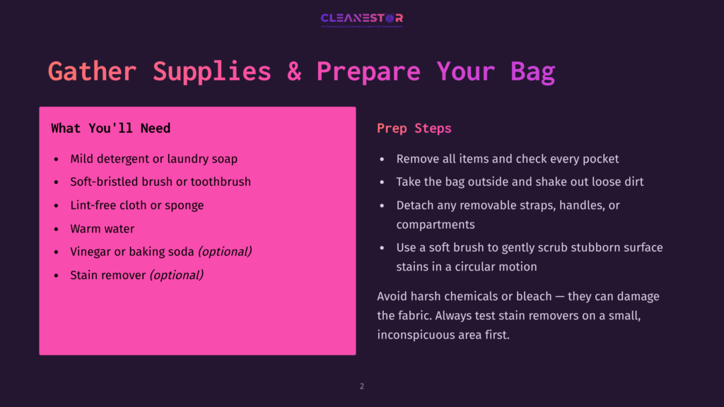 Slide Titled &Quot;Gather Supplies &Amp; Prepare Your Bag&Quot; With Two Columns: &Quot;What You'Ll Need&Quot; Lists Laundry Soap, Brush, Sponge, Warm Water, Vinegar, And Stain Remover. &Quot;Prep Steps&Quot; Outlines Removing Items, Detaching Straps, Using A Soft Brush, And Avoiding Harsh Chemicals.
