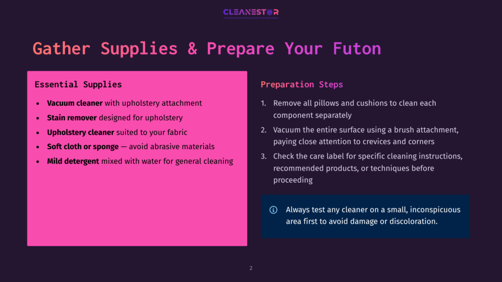2 Gather Supplies And Prepare Your Futon Slide With Title &Quot;Gather Supplies &Amp; Prepare Your Futon&Quot; And &Quot;Preparation Steps&Quot; Listing Vacuum Cleaner, Stain Remover, Upholstery Cleaner, Soft Cloth, And Mild Detergent For Futon Cleaning.