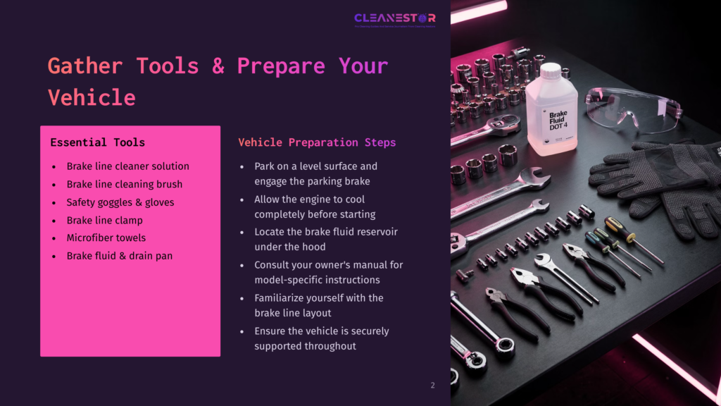 A Workbench Displays Tools For Vehicle Brake Line Maintenance, Including Wrenches, Sockets, Gloves, Safety Glasses, And A Bottle Of Brake Fluid. Text Overlays List Essential Tools And Preparation Steps.