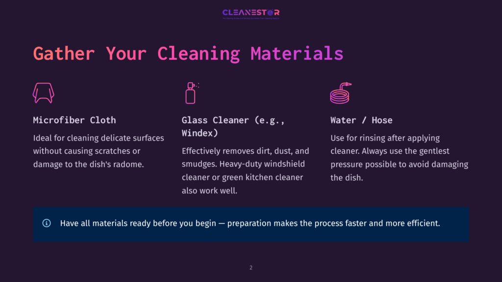 Infographic Titled &Quot;Gather Your Cleaning Materials&Quot; With Icons And Descriptions For Microfiber Cloth, Glass Cleaner, And Water/Hose, Emphasizing Preparation For Efficient Cleaning.