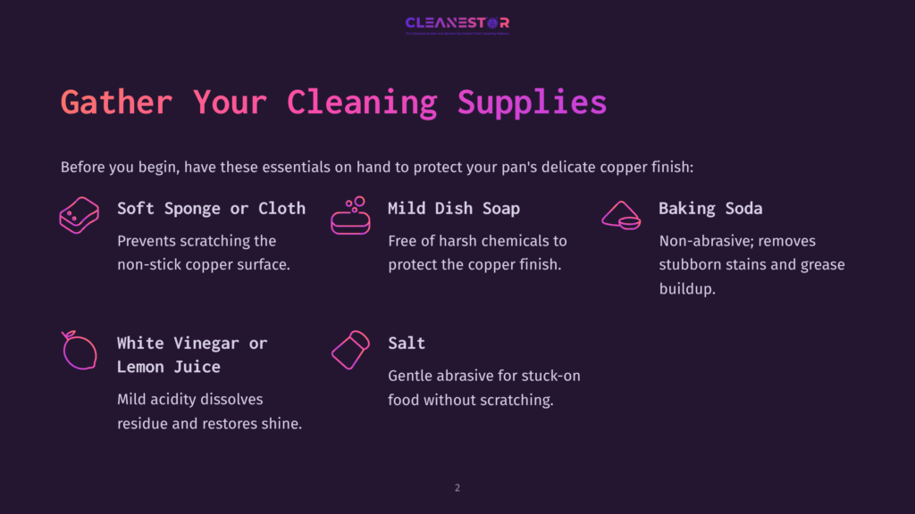 Illustration Of Cleaning Supplies For Copper Cookware: Soft Sponge, Mild Dish Soap, Baking Soda, White Vinegar, And Salt, With Text Listing Their Uses.