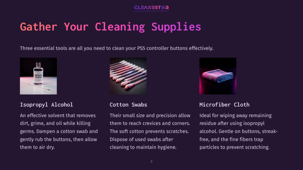 2 Gather Your Cleaning Supplies Three Essential Ps5 Controller Cleaning Supplies: A Bottle Of Isopropyl Alcohol, A Pack Of Cotton Swabs, And A Microfiber Cloth. Text Describes Their Uses For Removing Dirt, Grime, And Preventing Scratches.