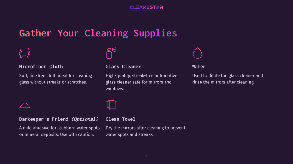 Gather Your Cleaning Supplies: Microfiber Cloth, Glass Cleaner, Water, Barkeeper'S Friend (Optional), And A Clean Towel. Text Lists Essential Items For Cleaning Mirrors.