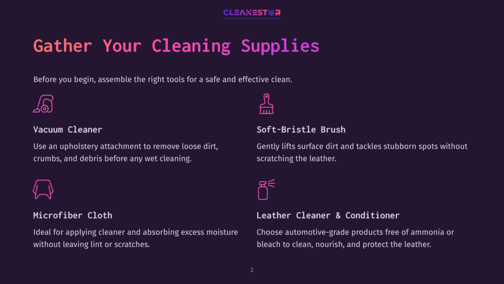 Illustration Of Cleaning Supplies: Vacuum Cleaner, Upholstery Attachment, Microfiber Cloth, Soft-Bristle Brush, And Leather Cleaner &Amp; Conditioner.