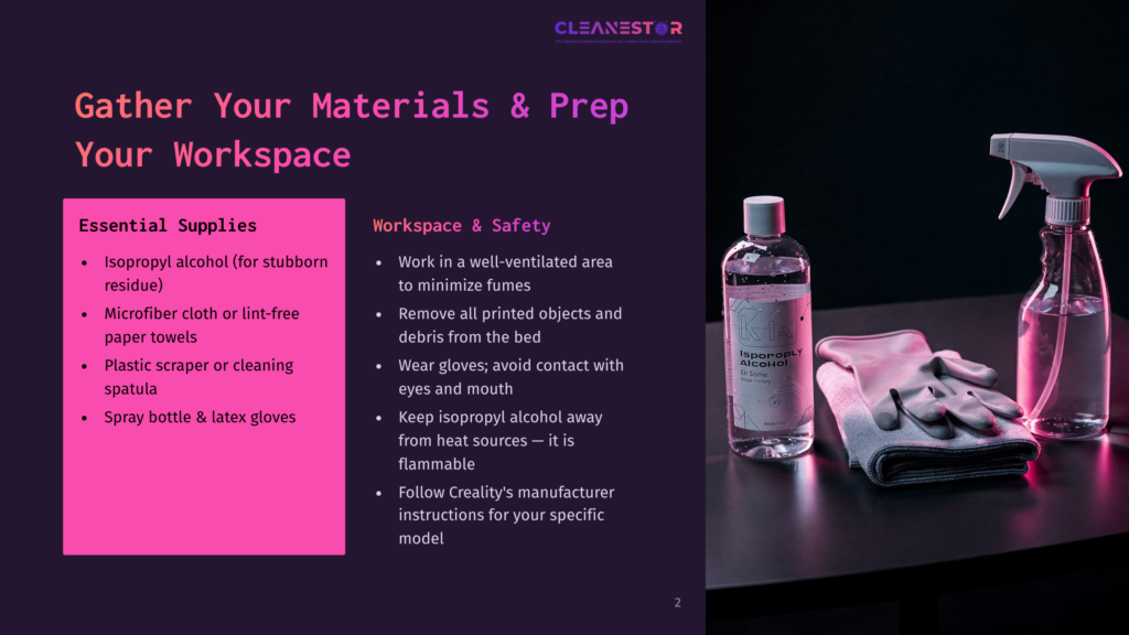 A Pink-Themed Infographic With Text And Images For Preparing A Workspace, Featuring Items Like Isopropyl Alcohol, Microfiber Cloth, Plastic Scraper, And Latex Gloves Against A Dark Background.