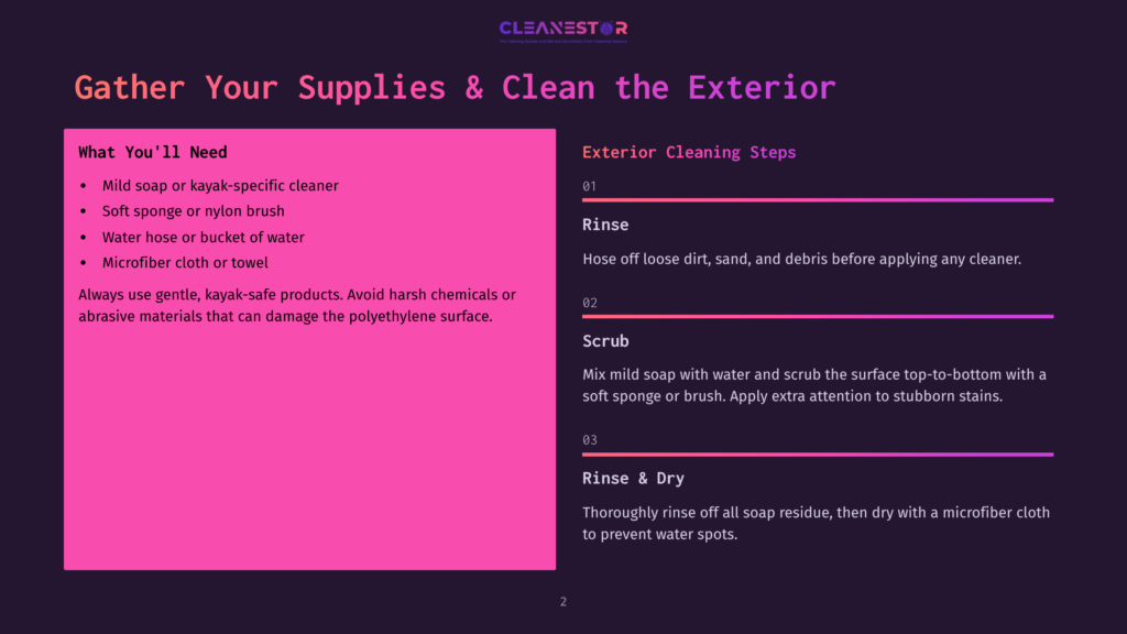 2 Gather Your Supplies And Clean The Exterior Infographic Detailing Steps For Exterior Cleaning Of A Kayak, Including Gathering Supplies Like Mild Soap, A Soft Sponge, Hose, And Microfiber Cloth, Followed By Rinsing, Scrubbing, And A Final Rinse And Dry.