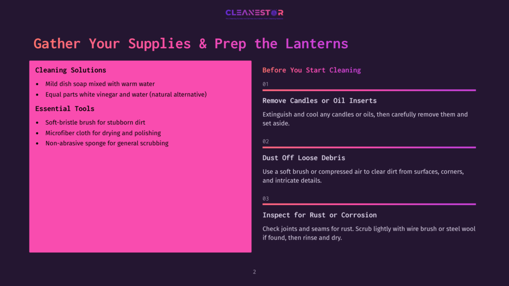 2 Gather Your Supplies And Prep The Lanterns 1 A Presentation Slide Titled &Quot;Gather Your Supplies &Amp; Prep The Lanterns&Quot; Lists Cleaning Solutions And Essential Tools For Lantern Cleaning, Alongside Preparation Steps Like Removing Candles And Inspecting For Rust.
