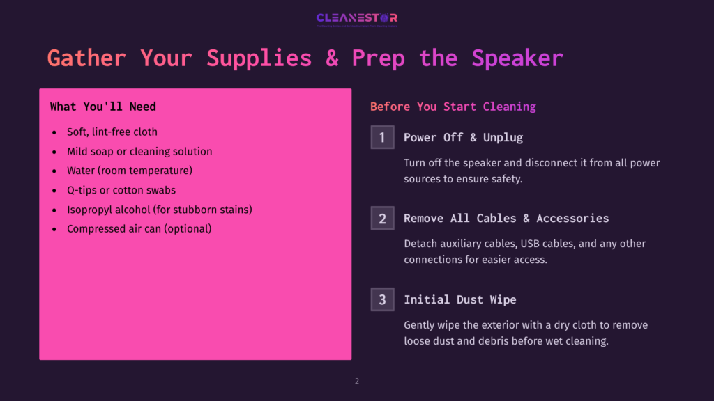 A Graphic With The Title &Quot;Gather Your Supplies &Amp; Prep The Speaker&Quot; And The Cleanestor Logo. The Left Side Lists Supplies Like Soft Cloths, Soap, Water, Q-Tips, Alcohol, And Compressed Air. The Right Side, Titled &Quot;Before You Start Cleaning,&Quot; Outlines Three Steps: Power Off &Amp; Unplug, Remove All Cables &Amp; Accessories, And Initial Dust Wipe.