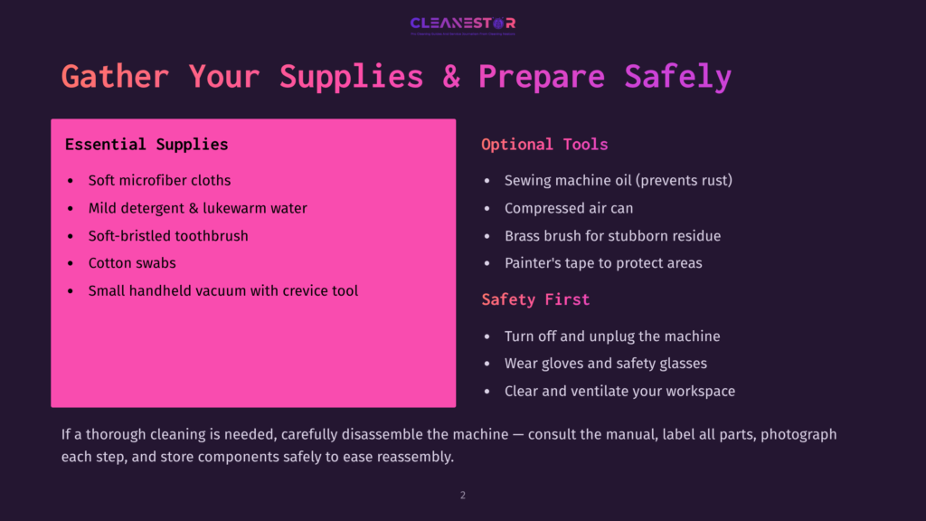 A Pink And Purple Background With Text Sections Labeled &Quot;Essential Supplies,&Quot; &Quot;Optional Tools,&Quot; And &Quot;Safety First.&Quot; Essential Supplies Include Soft Microfiber Cloths, Mild Detergent, A Soft-Bristled Toothbrush, Cotton Swabs, And A Small Handheld Vacuum. Optional Tools Are Sewing Machine Oil, Compressed Air, A Brass Brush, And Painter’s Tape. Safety First Tips Advise Turning Off The Machine, Wearing Gloves And Safety Glasses, And Keeping The Workspace Clear.