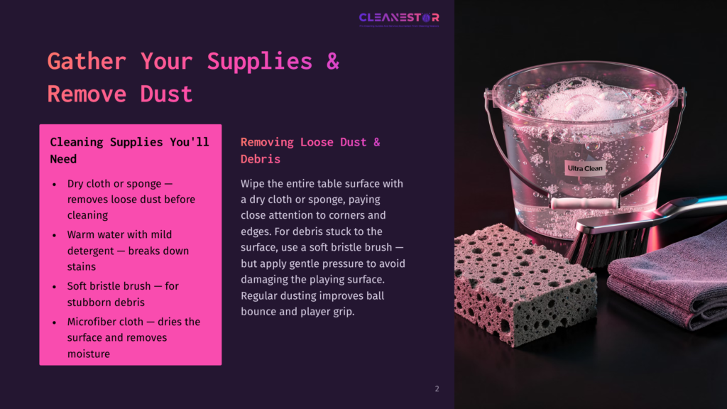A Bucket Of Soapy Water, A Scrub Brush, And A Sponge Sit On A Dark Surface, Ready For Cleaning. Text Overlay: &Quot;Gather Your Supplies &Amp; Remove Dust.
