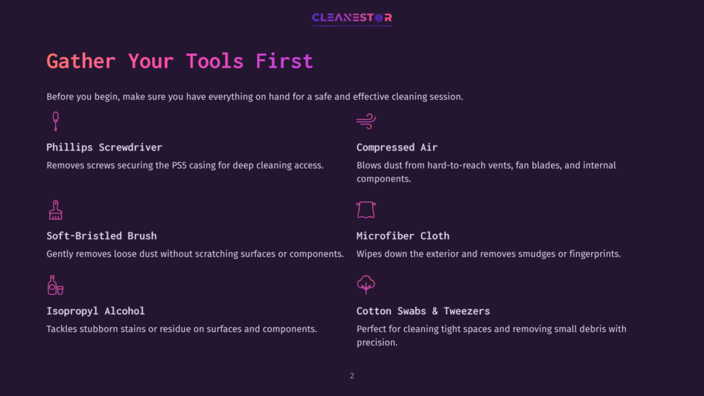 2 Gather Your Tools First Cleanestor Logo. Gather Your Tools First. Phillips Screwdriver, Compressed Air, Soft-Bristled Brush, Microfiber Cloth, Isopropyl Alcohol, Cotton Swabs &Amp; Tweezers.