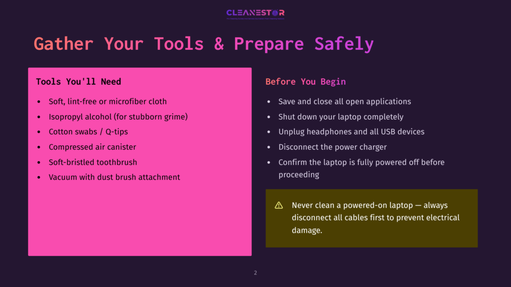 Slide Titled &Quot;Gather Your Tools &Amp; Prepare Safely&Quot; Lists Items Needed For Cleaning Electronics, Including Soft Cloths, Isopropyl Alcohol, Cotton Swabs, Compressed Air, Toothbrush, And Vacuum, Alongside Safety Precautions Like Shutting Down The Laptop And Disconnecting Power.