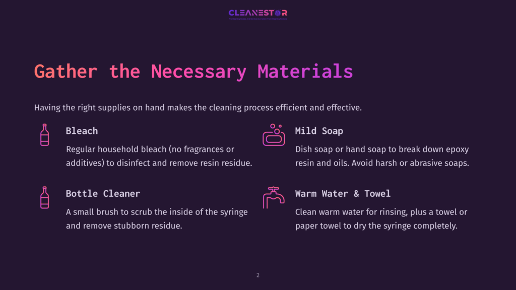 Infographic Titled &Quot;Gather The Necessary Materials&Quot; Lists Essential Cleaning Supplies: Bleach, Bottle Cleaner, Mild Soap, And Warm Water &Amp; Towel, With Icons Representing Each Item.