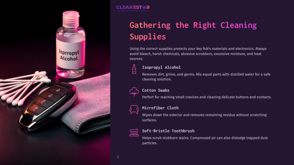A Bottle Of Isopropyl Alcohol, Cotton Swabs, A Microfiber Cloth, And A Soft-Bristle Toothbrush Are Arranged Next To A Car Key Fob On A Dark Background. Text Reads &Quot;Gathering The Right Cleaning Supplies.