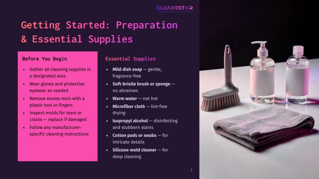 Cleanestor Guide: &Quot;Getting Started: Preparation &Amp; Essential Supplies&Quot; Lists Mild Dish Soap, Soft-Bristle Brush, Warm Water, Microfiber Cloth, And Cotton Pads. A Cleaning Brush And Two Bottles Of Cleaning Solution Are Displayed.