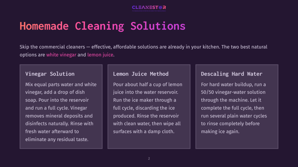 2 Homemade Cleaning Solutions Homemade Cleaning Solutions: Vinegar Solution, Lemon Juice Method, And Descaling Hard Water Instructions Are Presented In Three Distinct Boxes With Text Descriptions.