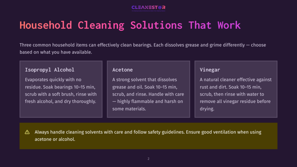 A Clean Infographic Showing Three Household Cleaning Solutions: Isopropyl Alcohol, Acetone, And Vinegar. Each Section Has A Brief Description Of How To Use It To Clean Bearings, Including Soaking Times And Safety Precautions.
