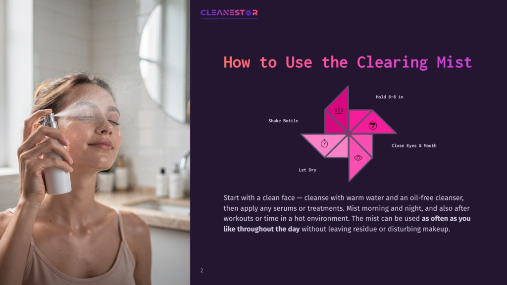 A Woman With Her Eyes Closed Sprays A Fine Mist From A White Bottle Onto Her Face, With Text Overlaying The Right Side Of The Image Describing How To Use The &Quot;Cleanestor Clearing Mist.