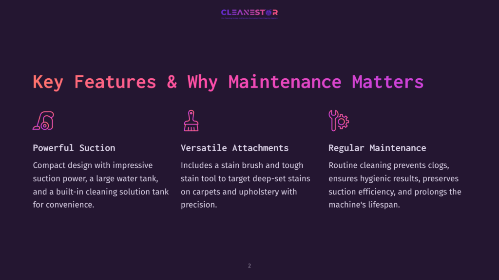 Key Features &Amp; Why Maintenance Matters: Powerful Suction, Versatile Attachments, And Regular Maintenance Are Highlighted With Icons On A Dark Purple Background With The Cleanestor Logo At The Top.