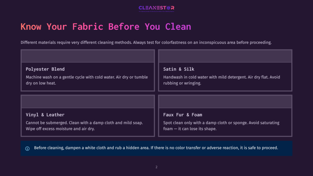 Infographic Detailing Cleaning Instructions For Various Fabrics: Polyester Blend, Satin &Amp; Silk, Vinyl &Amp; Leather, And Faux Fur &Amp; Foam. Includes A &Quot;Know Your Fabric Before You Clean&Quot; Title And A Warning About Testing For Colorfastness.