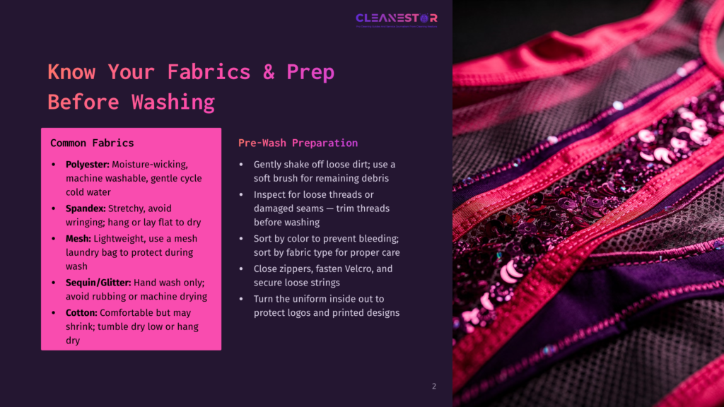 2 Know Your Fabrics And Prep Before Washing Close-Up Of A Sequined And Mesh Dance Costume With Purple And Pink Fabric, Showing Care Instructions For Washing Delicate Fabrics Like Spandex, Polyester, And Cotton.